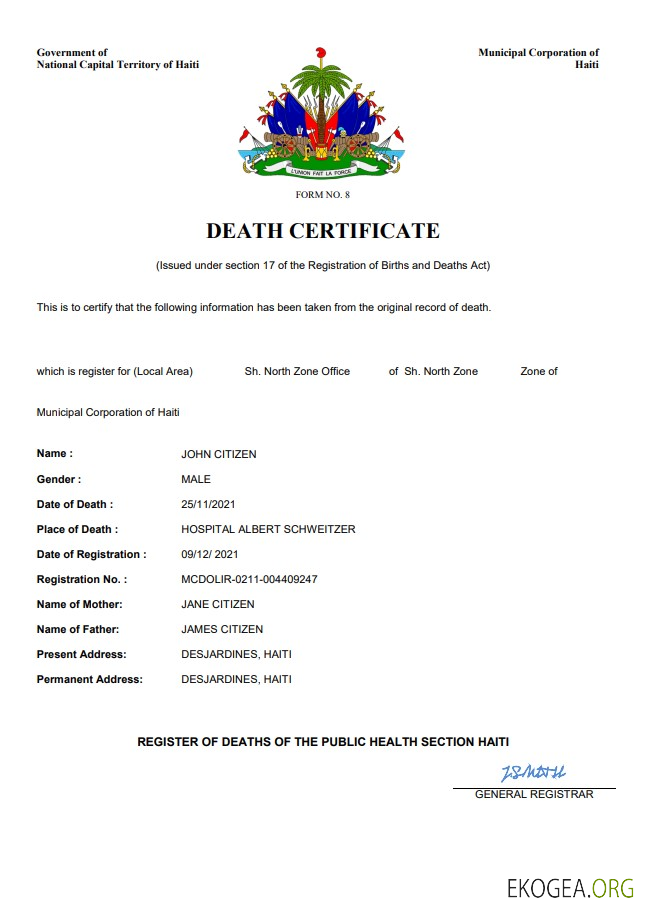 Modèle Word et PDF de certificat de décès en Haïti